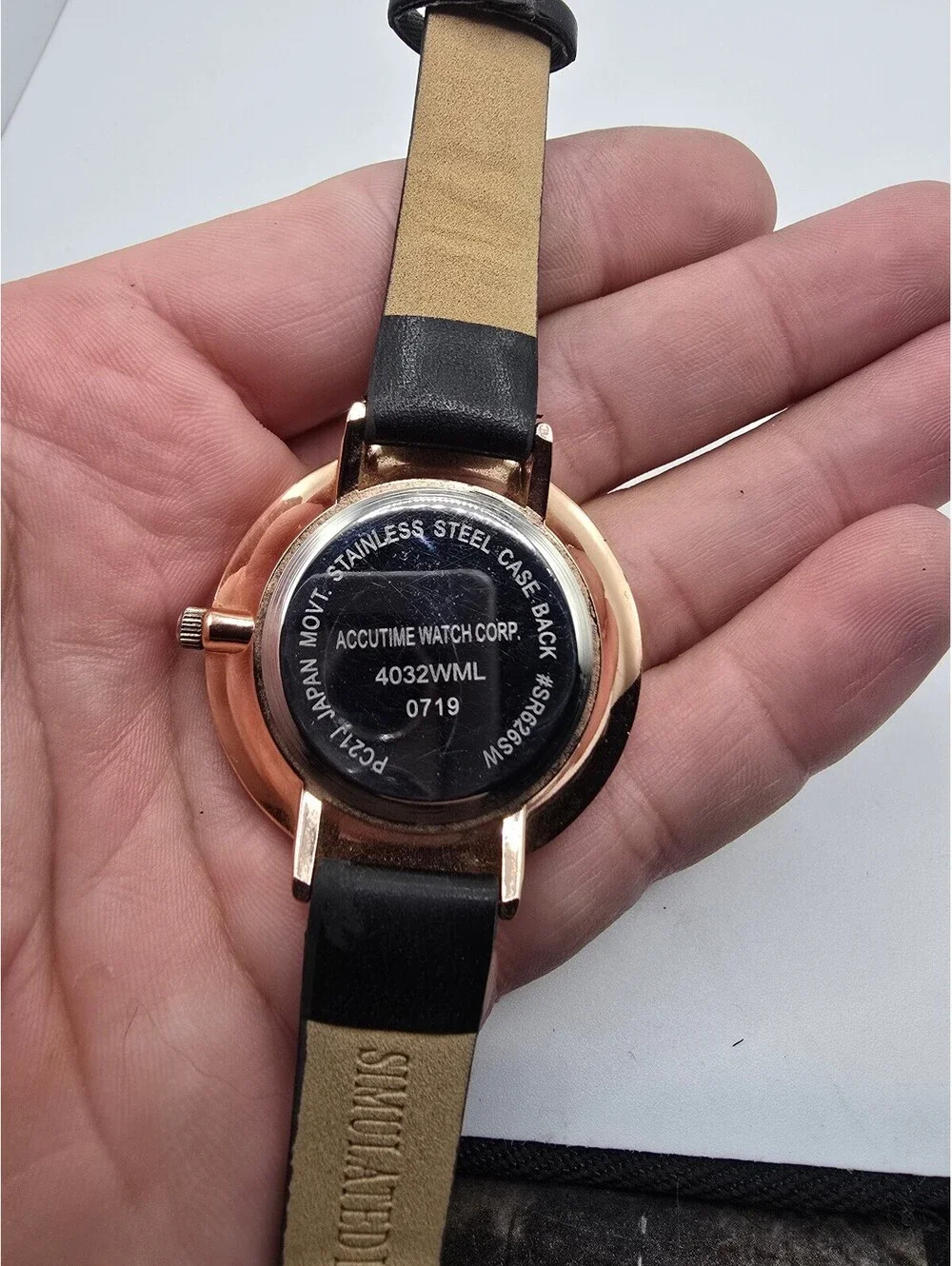 Accutime Quartz Analog Watch Marble Dial Rose Gold Tone Black Faux Leather Strap